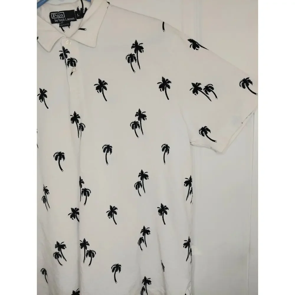 VTG Polo Ralph Lauren Palm Tree Print Polo Shirt White Black Blue L Cruise 2002
